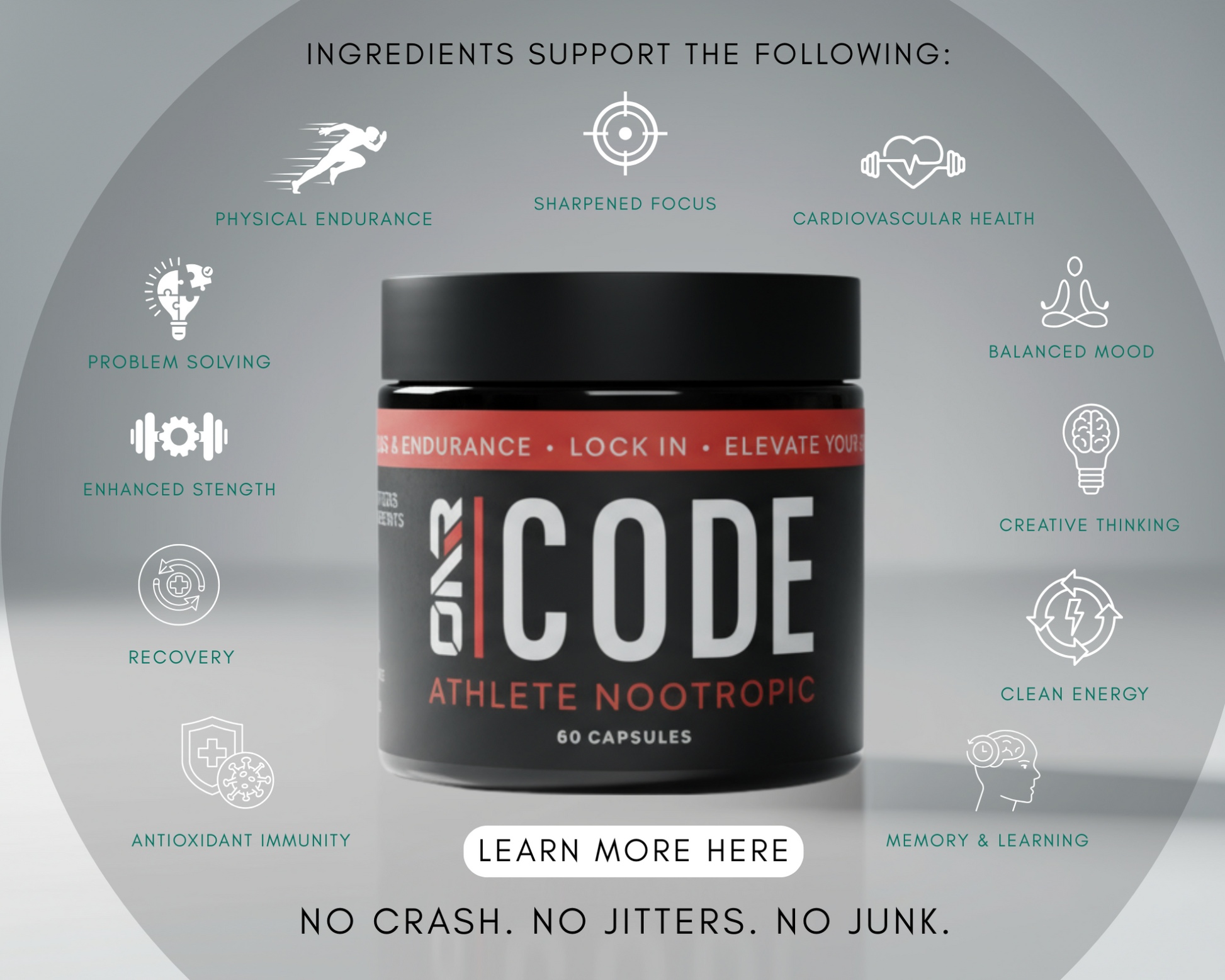 ONR Code Athlete Nootropic supplement container with icons and text on a gray background
